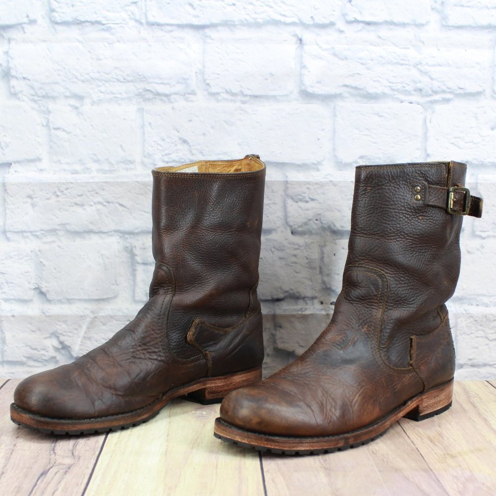 FRYE Brown Distressed Leather Buckle Strap Pull On Boots Size 7.5 D - Picture 3 of 9
